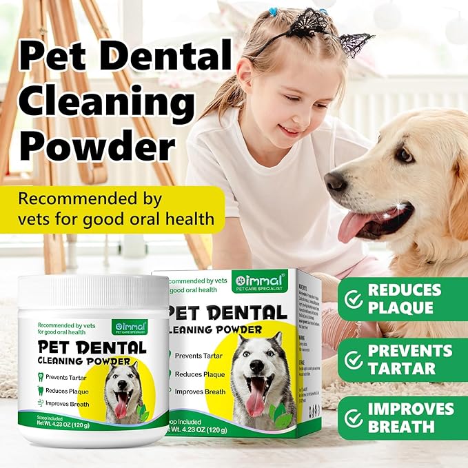 Dog Dental Powder, 120g Teeth Cleaning Powder for Dogs, Breath Freshener with Probiotics Improve Bad Breath, Remove Plaque & Tartar - Pets Dental Care Supplement for Dogs - 4.23 OZ/Scoop Included-PawvioPets
