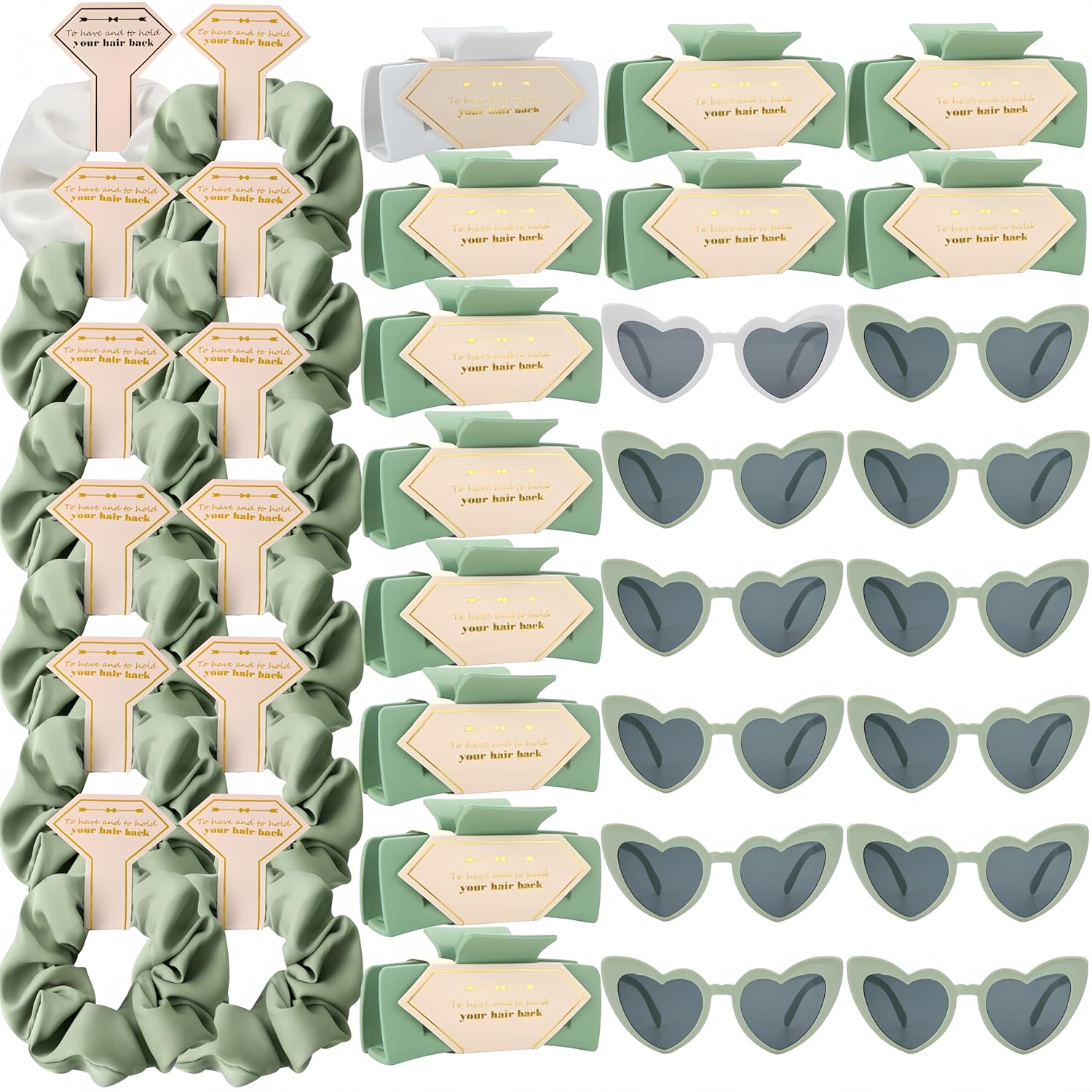 36pcs Bridesmaid Scrunchies Proposal Gifts Bachelorette Hair Claws Clips Girls heart sunglasses for Wedding Party Favors (White&Sage Green)