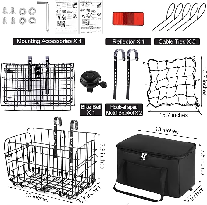 Aodaer Bike Basket with Removable Liner Bag Cargo Net Large Folding Bike Basket Quick Release Metal Ebike Basket Bicycle Storage Basket for Carrying Fruit & Grocery Pets Dogs-PawvioPets