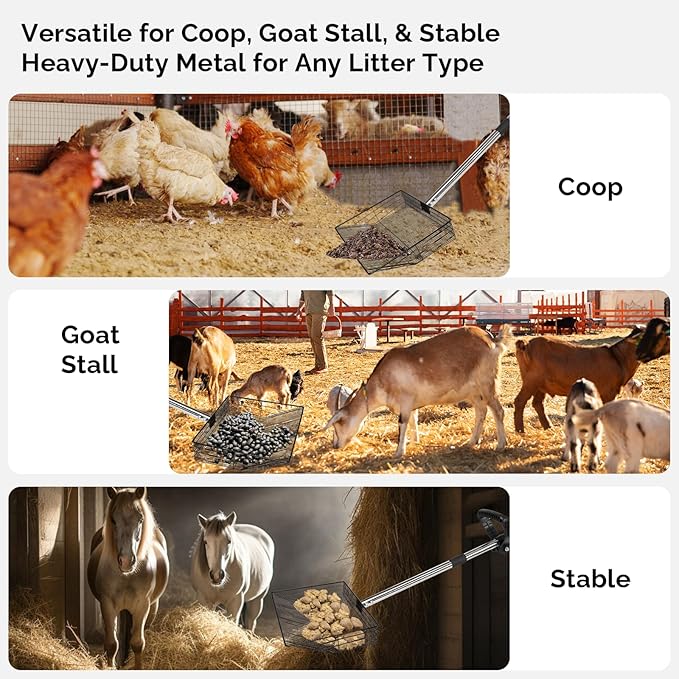 15" Extra-Wide Chicken Poop Scooper – Ergonomic Adjustable Handle (24-70in), Stainless Steel Sifting Shovel Deep Litter Cleaning for Chicken Coops, Goat - Chicken Coop Scoop for Sand, Straw, Hemp-PawvioPets