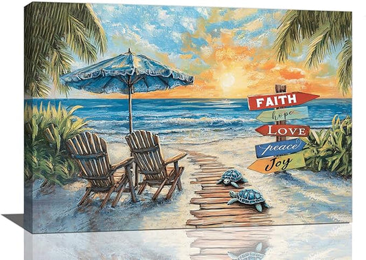 Beach Ocean Bathroom Pictures Wall Art, Seaside Coastal Bathroom Wall Decor, Sunrise Framed Painting Canvas Artwork for Bedroom Living Room Decorations 24"L x 16"W-PawvioPets