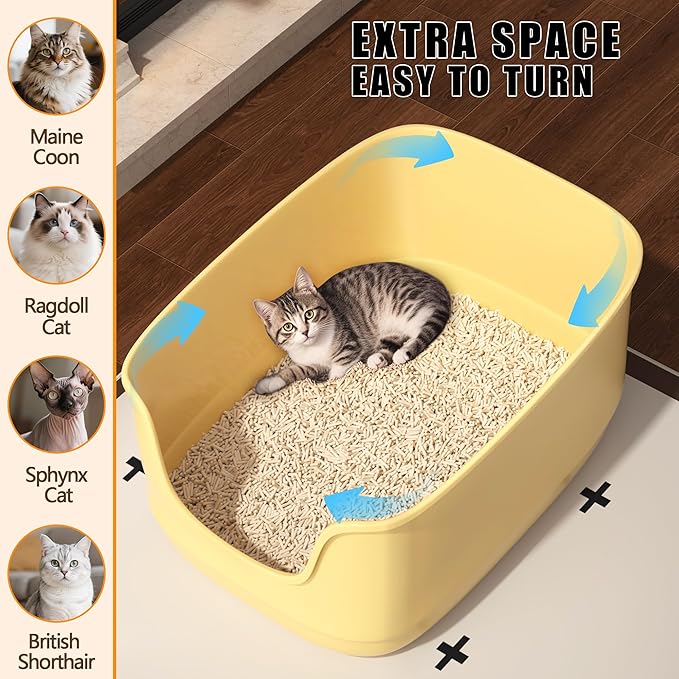 Gefryco Large Cat Litter Box with High Sided 24.6"x18.3"x12.2" - Jumbo Extra Large Open Anti - Splashing High Wall for Multiple Cats (Yellow)-PawvioPets