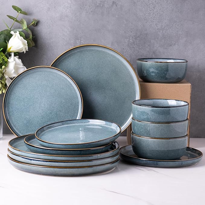 GBHOME Ceramic Dinnerware Sets for 6, 18 Pieces Stoneware Plates and Bowls Sets, Scratch Resistant Dishes, Dishwasher & Microwave Safe, Space Blue-PawvioPets