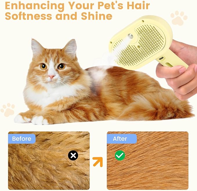 3 in 1 Cat Steam Brush, Pet Spray Hair Removal Comb for Shedding & Grooming, Water Brush for Cats Dogs Small Animals Long Short Haired with One-Click Release Button(Yellow)-PawvioPets