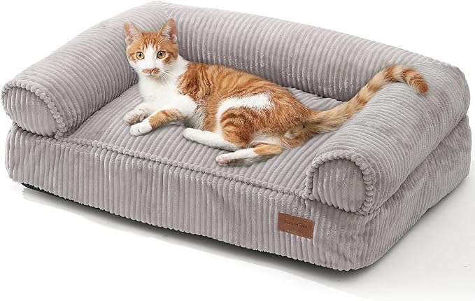 FUKUMARU Dog Couch Bed, Corduroy Cozy Cat Bed for Indoor Cats with Washable Cover, Supportive Waterproof Dog Beds Sofa for Small Dogs and Large Cats Cute, 28inch, Medium, Light Grey-PawvioPets