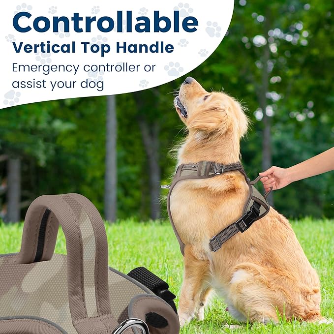 Funfox Dog Harness No Pull, Adjustable Pet Vest Harness, Super Soft Material with Vertical Handle Easy Control, Reflective Night Walking, 2 Leash Clips for Small Sized Dogs, Camo Brown, S-PawvioPets