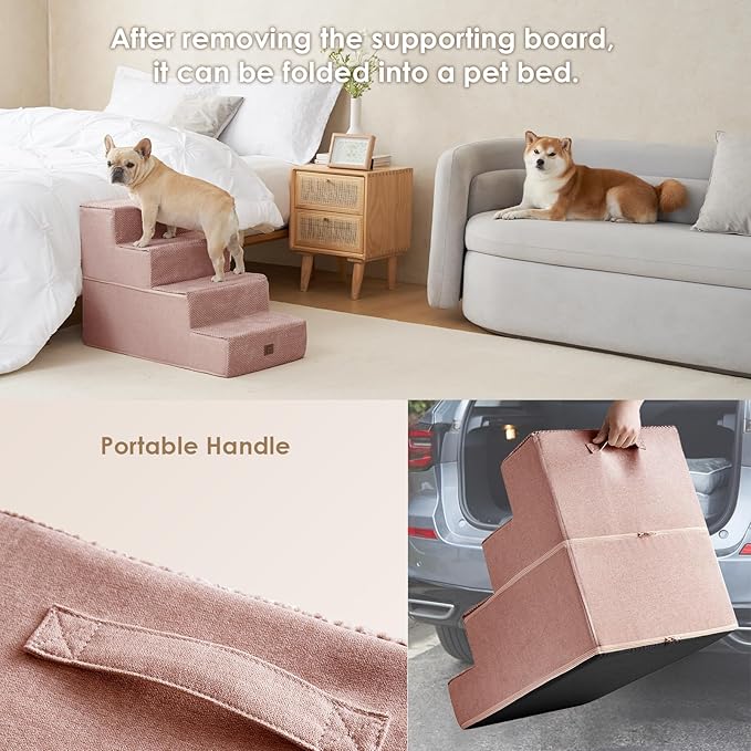 EHEYCIGA Dog Stairs for Bed 20" H, 4-Step Extra Wide Dog Steps for High Bed, Pet Steps for Small Dogs and Cats, Non-Slip Balanced Pet Ramp Indoor, Pink-PawvioPets
