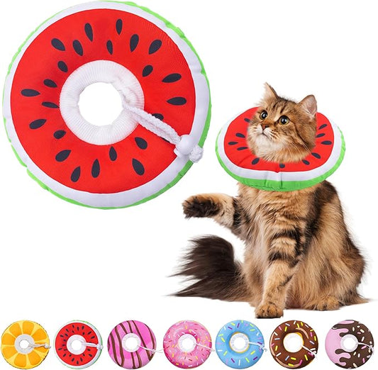 Cat Cone Collar Soft, Adjustable Cat Recovery Collars Kitten Cones to Stop Licking, Cute Donut E Collar After Surgery, Wound Healing Elizabethan Collar for Kittens (Watermelon, Large)-PawvioPets
