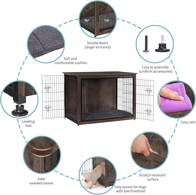 DWANTON Dog Crate Furniture with Cushion, Wooden Kennel Table with Double Doors, Indoor Dog House, Extra Large Size, 43.3" L, Dark Gray-PawvioPets