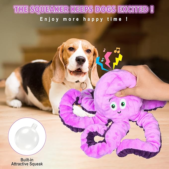 Dog Squeaky Toys Octopus - Tough Plush Large Medium & Small Dog Toys - Stuffed Animals Puppy Toys - Funny Cute Dog Toy for Dog Birthday Presents (Octopus Purple)-PawvioPets