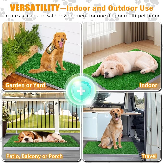 Dog Grass Pad with Tray, Stainless Steel Odor-Resistand Indoor Outdoor Potty System, Durable Alternative to Plastic with Artificial Grass for Dogs Potty Training (Potty System Size -23.6"x 15.8")-PawvioPets