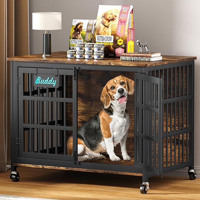 EasyCom 41"/33"/27" Dog Crate Furniture with Name Tag, Heavy Duty Dog Kennel Indoor for Medium Dogs, Double-Doors Sturdy Metal Dog Cage for Anxiety Dog, Decorate House as TV Stand, End Table-PawvioPets