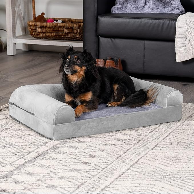 Furhaven Orthopedic Dog Bed for Medium/Small Dogs w/ Removable Bolsters & Washable Cover, For Dogs Up to 35 lbs - Faux Fur & Velvet Sofa - Smoke Gray, Medium-PawvioPets