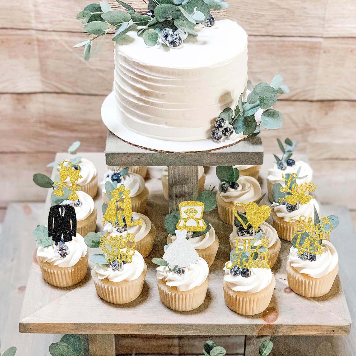 30 Pack Bride to be Cupcake Toppers Glitter Diamond Ring I Do Love Cupcake Picks Miss to Mrs He Asked She Said Yes Bridal Shower Wedding Engagement Bachelorette Cake Decoration Gold