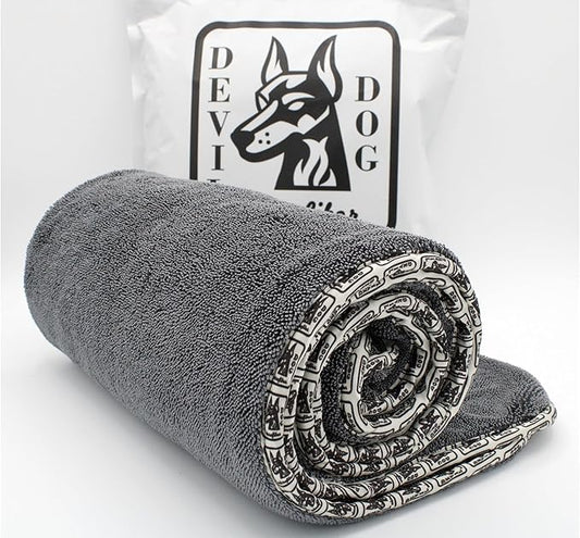 Devil Dog Premium Pet Drying Towel, Ultra-Soft, Highly Absorbent Microfiber Bath Towel for Dogs, Cats, and Other Animals - Gray, Large 24" x 35" 1200GSM 80% 20% Blend-PawvioPets