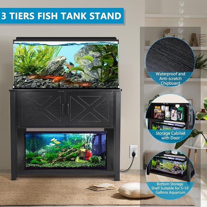 40 Gallon Tank Stand with Cabinet and Power Outlets, Heavy Duty Metal Aquarium Stand for 40-50 Gallon Breeder Tank, Turtle Tank, Double Terrarium Stand, 660LBS Capacity, Black-PawvioPets