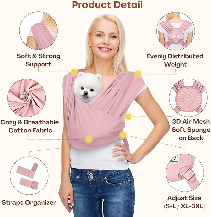 Dog Carriers for Small Dogs, Front Facing Dog Sling Carrier, Hands Free Cat Carrier, Size Adjustable, Reducing Back Pain, Premium Cotton, Safe and Soft Dog Carrier (Regular, Light Pink)-PawvioPets