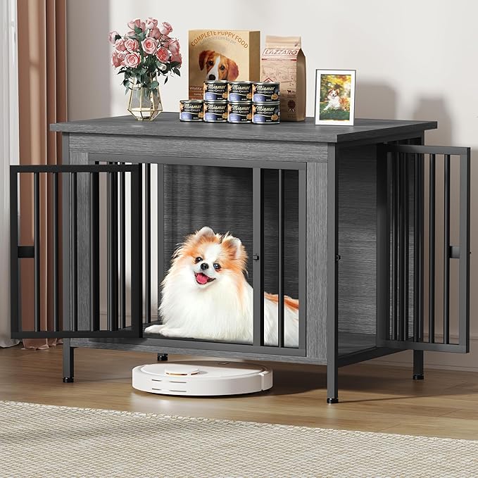 EasyCom 31.5" Small Dog Crate Furniture, Chew-Resistant Dog Crates for Small and Medium Dogs, Dog Kennel Furniture Indoor with 2 Doors and 3.94" Raised Feet, as TV Stand, End Table, Crate Table-PawvioPets