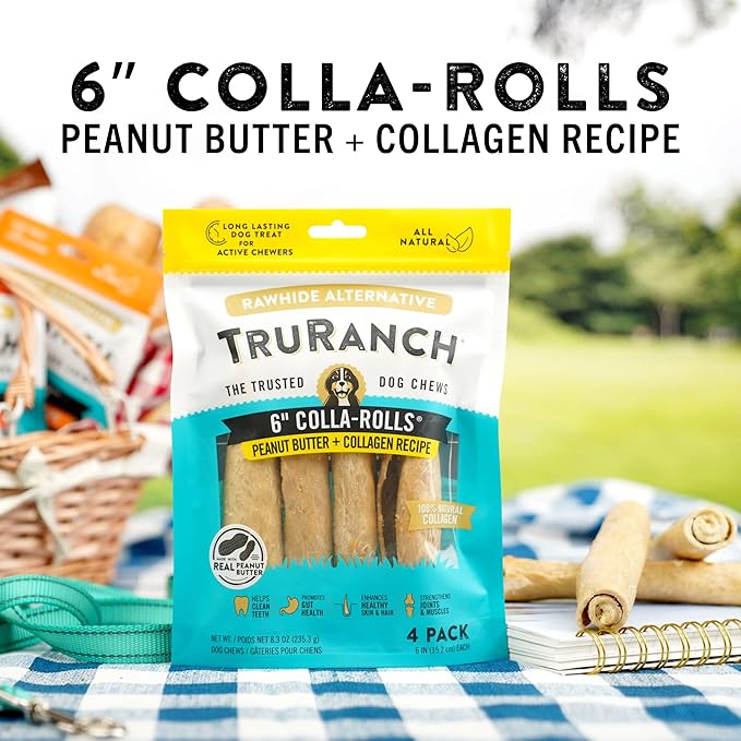 Collagen Rolls - 6" Collagen Rolls for Dogs - Long Lasting Healthy Joint Support - Rawhide Alternative - Skin & Coat Health - Made with Real Peanut Butter, Value Pack, 15 Bags, 60 Count-PawvioPets