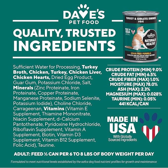 Dave's Pet Food Grain Free Canned Cat Food (Turkey & Giblets Pate), Made in USA Naturally Healthy Canned, Canned Pate, 12.5 oz Cans (12 Pack)-PawvioPets