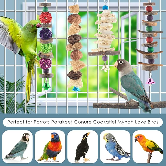 Bissap Bird Chew Toys, 5 Packs Parakeet Natural Wood Toys Parrot Hanging Cage Toy Bird Perch Stand for Small Bird Conure Cockatiel Parrotlet Lovebird Budgie-PawvioPets