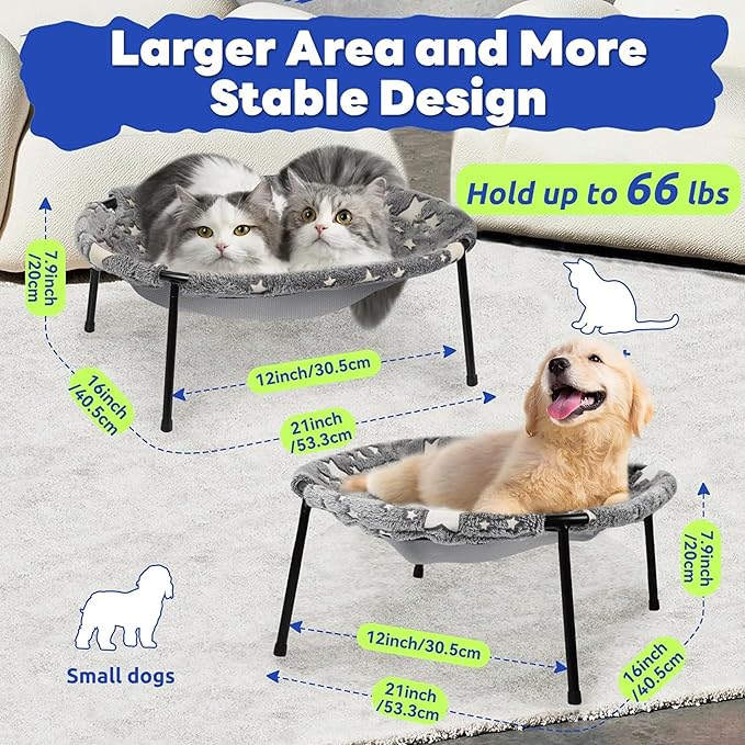 Elevated Cat Bed, Glow-in-The-Dark Fabric Cat Hammock Bed for Large Indoor Cats, Machine Washable & Breathable Cover, Tool Free Easy Assembly, up to 66Lbs (Gray, L)-PawvioPets