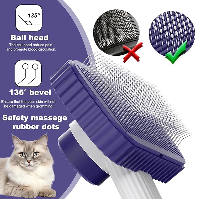 Cat brush, Cat Brush for Long or Short Haired Cats, Remove Loose Fur and Mats, Rounded Pins Reduces Painful Pulling, Not for Tangle and Curly Fur, Dark Blue-PawvioPets