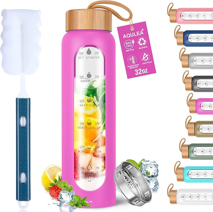 Aqulea Glass Water Bottles 32 Oz with Silicone Sleeve - BPA Free Reusable Wide Mouth Glass Motivational Water Bottles with Fruit Infuser – Leak Proof Borosilicate Water Bottle with Time Marker (Rose)-PawvioPets
