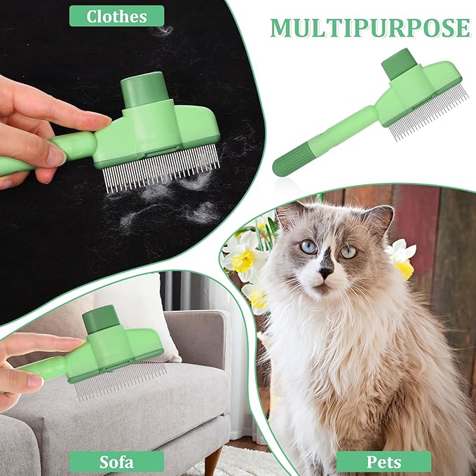 Flea Comb for Cats Dogs Brush for Shedding with Release Button Fine Tooth Pet Hair Removal Comb with Long & Short Stainless Steel Teeth for Deshedding Self-Cleaning Brush for Cat Dog Small Pets-PawvioPets