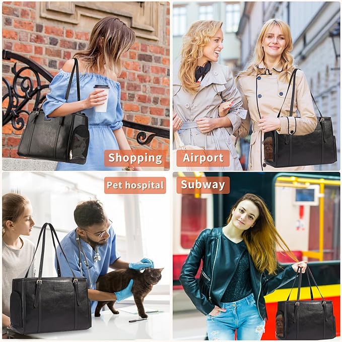 Fashion Dog Purse Pet Carrier Leather Bag for Small Dogs Cats Puppy, Portable Tote Bag Airline Approved Soft-Sided Carriers (Black)-PawvioPets