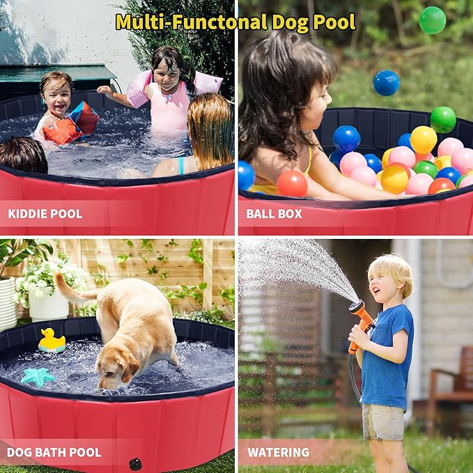 Foldable Dog Pool, 47" x 12" Kiddie Pool with Hard Plastic, Non-Slip Dog Bath Tub for Outdoor Backyard, Collapsible Dog Swimming Pool for Kids Dogs Pets (Red)-PawvioPets