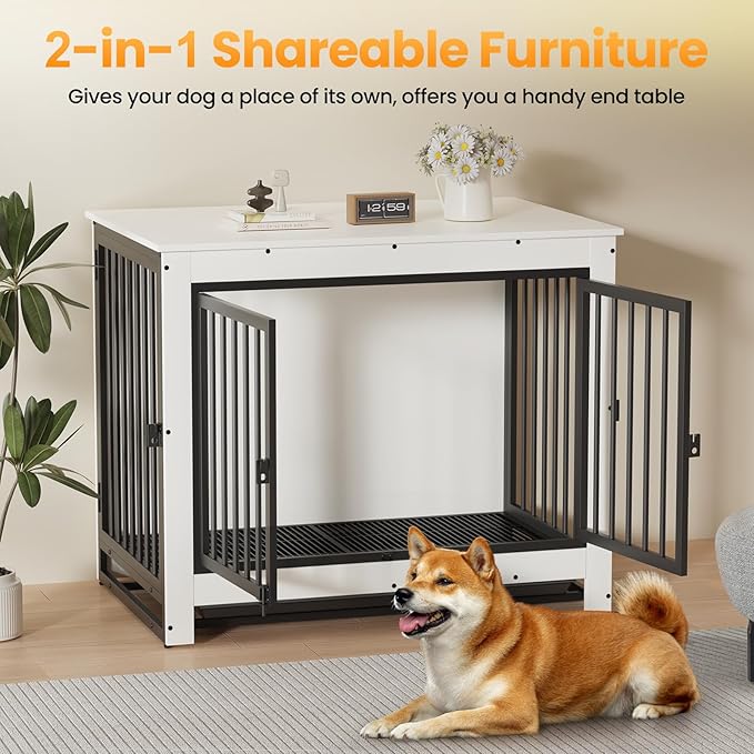 Dog Crate Furniture, Dog Crate End Table for Medium and Large Dogs,Wooden Cage Kennel Furniture Indoor, Modern Dog Crate with Multi-Purpose Removable Tray, Double-Doors Dog Furniture, White-PawvioPets