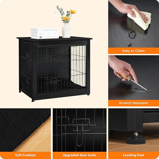 DWANTON Dog Crate Furniture with Cushion, Wooden Kennel Table with Double Doors, Indoor Dog House, Small/Medium/Large Size, 27.2" L, Black-PawvioPets