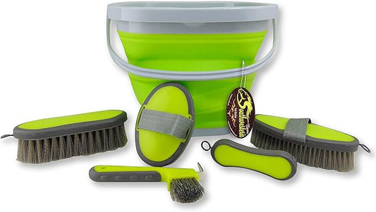 Collapsible Grooming Kit 10 Liter Bucket and 5 Grooming Tools - By Southwestern Equine (Lime Green)-PawvioPets
