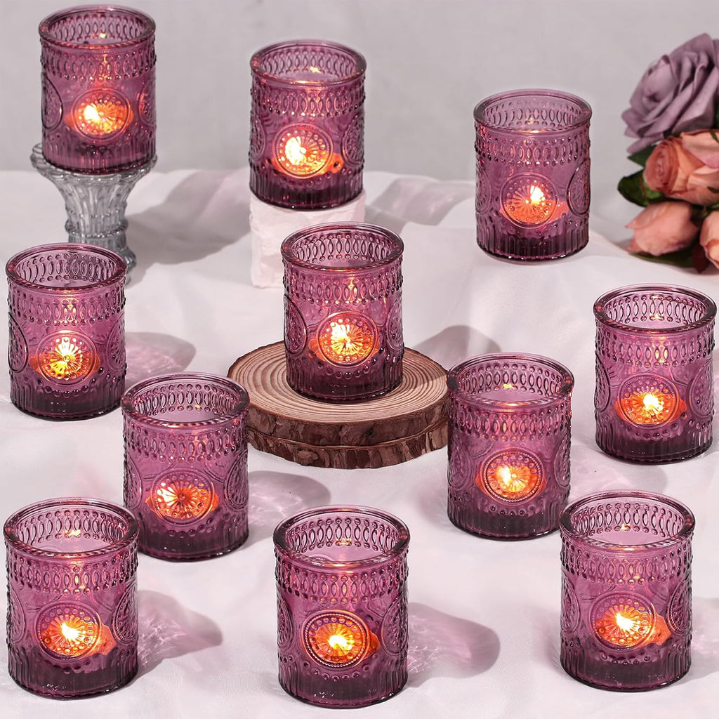 DARJEN Purple Votive Candle Holders Set of 36- Glass Tea Light Candles for Purple Candles, Embossed Candle Votives for Wedding Table Centerpiece, Party & Home Decor