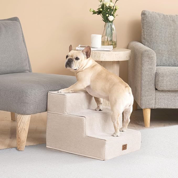 EHEYCIGA Dog Stairs for Small Dogs 13.5" H, 3-Step Dog Steps for Couch Sofa and Chair, Pet Steps for Medium Cats, Non-Slip Balanced Pet Ramp Indoor, Beige-PawvioPets
