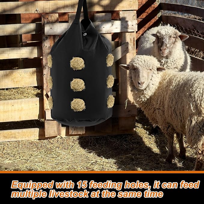 2 Pcs hay Bags for Horses Goats Slow Feed 1680D Oxford Bag Black Large Capacity Net Open Feed Hole Hay Holder for Horse Goats Sheep(15 Holes)-PawvioPets
