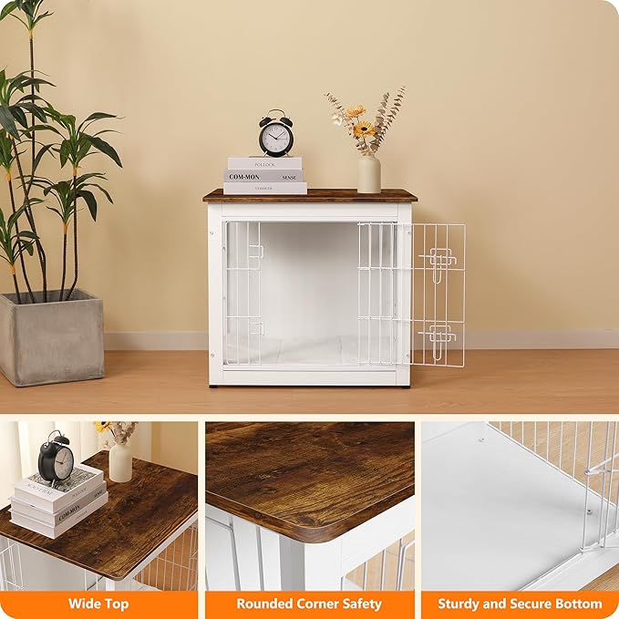 DWANTON Dog Crate Furniture with Cushion, Wooden Kennel Table with Double Doors, Indoor Dog House, Small/Medium/Large Size, 27.2" L, White+Rustic Brown-PawvioPets