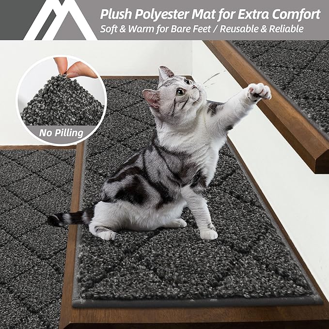 COSY HOMEER Edging Stair Treads Non-Slip Carpet Mat 28inX9in Indoor Stair Runners for Wooden Steps, Edging Stair Rugs for Kids and Dogs, 100% Polyester TPE Backing (10pc, Black)-PawvioPets