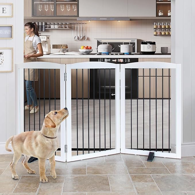 Foldable Wooden Freestanding Dog Gate - 32" H, 3 Panels, Stairs/Doorways, Support Feet Included, White-PawvioPets