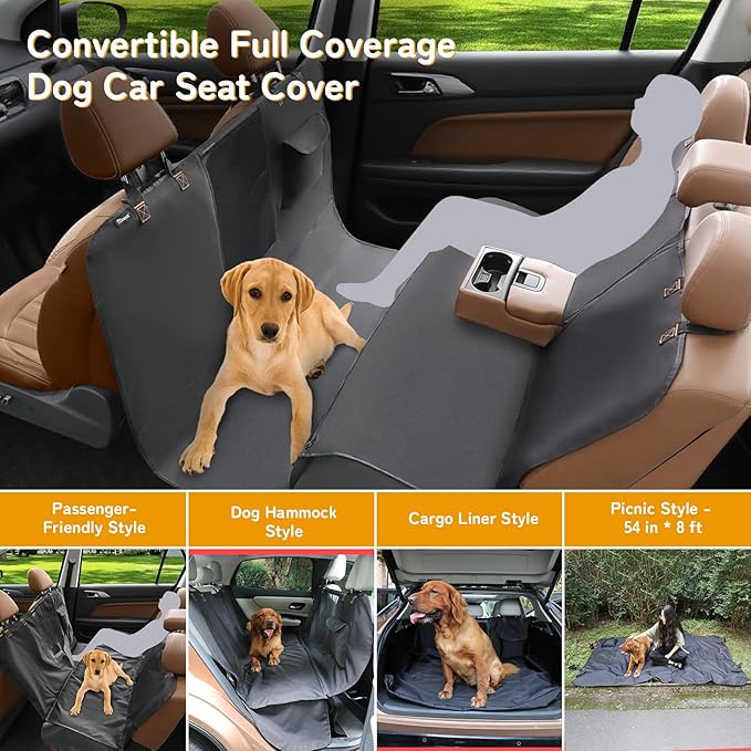 Full-Coverage Dog Seat Cover for Back Seat, 600D Ripstop Dog Hammock for Car,100% Waterproof CarSeat Protector, Suv Cargo Liner for Dogs, Armrest&Child Car Seat Accessible,Install Once,Stay Put-PawvioPets