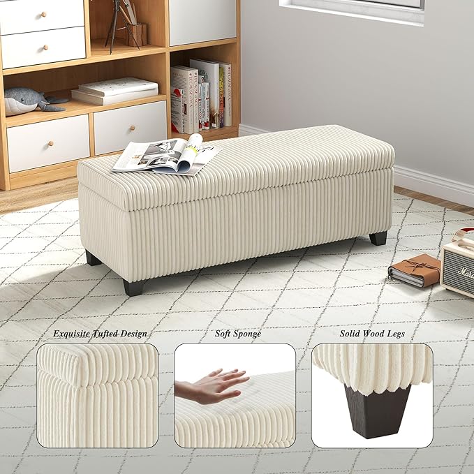 48" Ottoman with Storage, Corduroy Storage Ottoman Bench for Bedroom, End of Bed Bench with Safety Hinge for Living Room, Bedroom, Entryway, White-PawvioPets