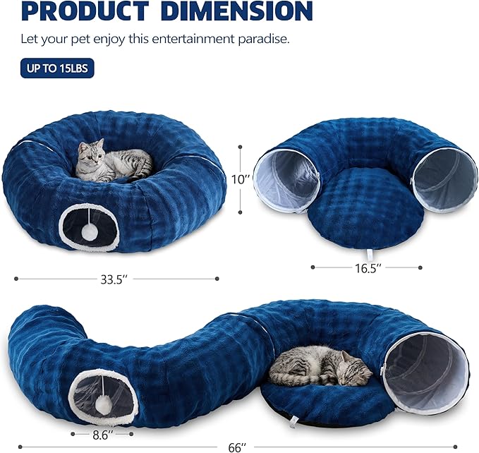 Bubble Cat Tunnel for Indoor Cats, Round Peekaboo Cave Toy with Dangling Balls, Donut Tunnel Bed with Circle Mat for Puppy Kitten Rabbit, Navy Blue-PawvioPets