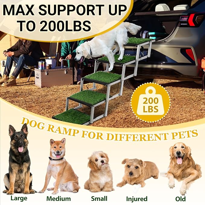 Dog Stairs for Car, Portable Folding Dog Ramps,Dog Steps for Large Dogs with Non-Slip Grass Rug for Cars, SUV, Trucks, Lightweight Pet Ramp Supports Up to 200 lb, 5 Steps-PawvioPets