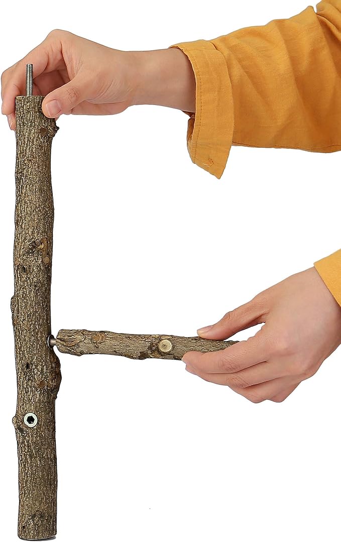 Bird Perch Stand Toy, Natural Wood Parrot Perch Bird Cage Branch Perch Accessories for Parakeets Cockatiels Conures Macaws Finches Love Birds(L: 13.8" Length)-PawvioPets