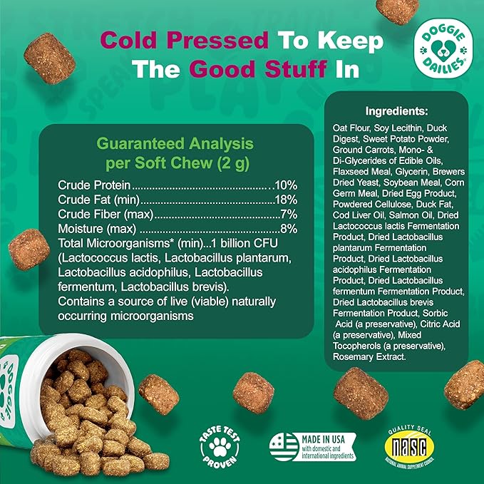 Doggie Dailies Probiotics for Dogs, Advanced Probiotics with Prebiotics, Promotes Digestive Health, Supports Immune System & Overall Health, Duck Flavor, 225 Chews-PawvioPets