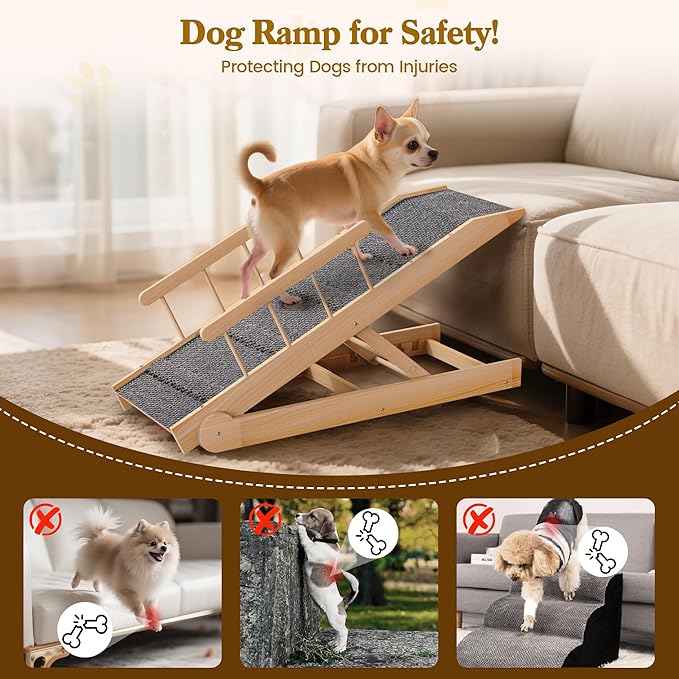 Dog Ramp for Bed, 47" Long Non-Slip Portable Pet Ramp for Small Large Dogs, Wooden Adjustable Dog Ramps for Bed, Couch, Car -Non Slip Carpet Surface and Foot Pads, Height from 12" to 24", Up to 200LBS-PawvioPets