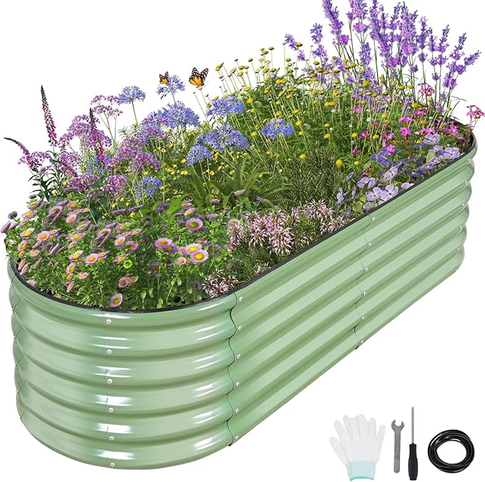Galvanized Raised Garden Bed Outdoor- Raised Beds for Gardening| Metal Planter Box, Steel Raised Garden Bed Kit with Safety Edging and Gloves for Vegetables, Flower, Herbs (6x2x1.4FT, Green)-PawvioPets