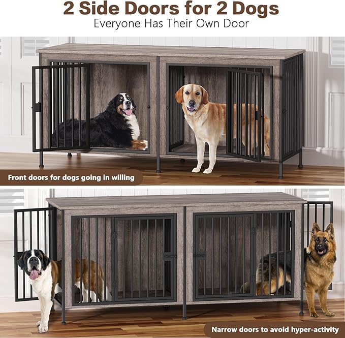 EasyCom 78 Inch Dog Cage Furniture for 2 Pets with Divider, XXL Wooden Double Dog Crate Furniture TV Stand for Mideum and Large Breed, Durable and Sturdy-PawvioPets