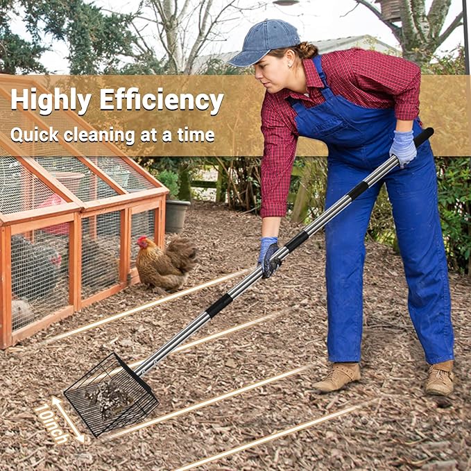 10inch Large Metal Chicken Poop Scooper, 24 to 68" Long Chicken Coop Litter Scoop with Stainless Steel Handle, 4 in 1 Multifunctional Heavy Duty Litter Sifting Shovel Chicken Coop Accessories-PawvioPets